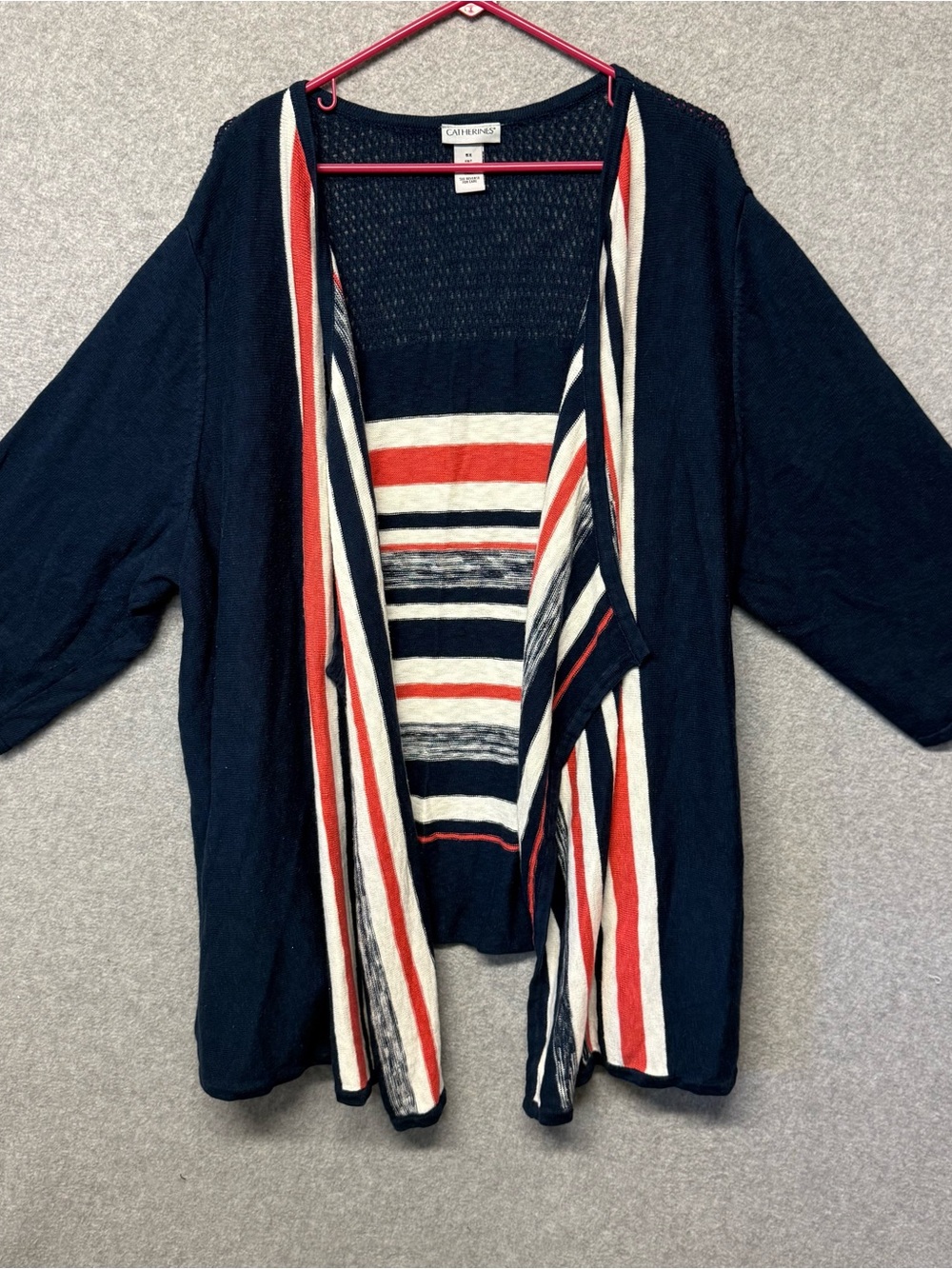 Catherines Woman’s Plus size 5X Americana Navy Peach Striped Open Cardigan